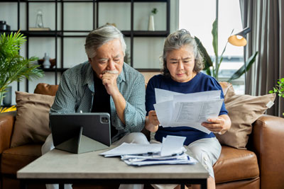 Senior couple calculating the cost of in-home care.