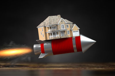 graphic: a home on a rocket representing rising home prices