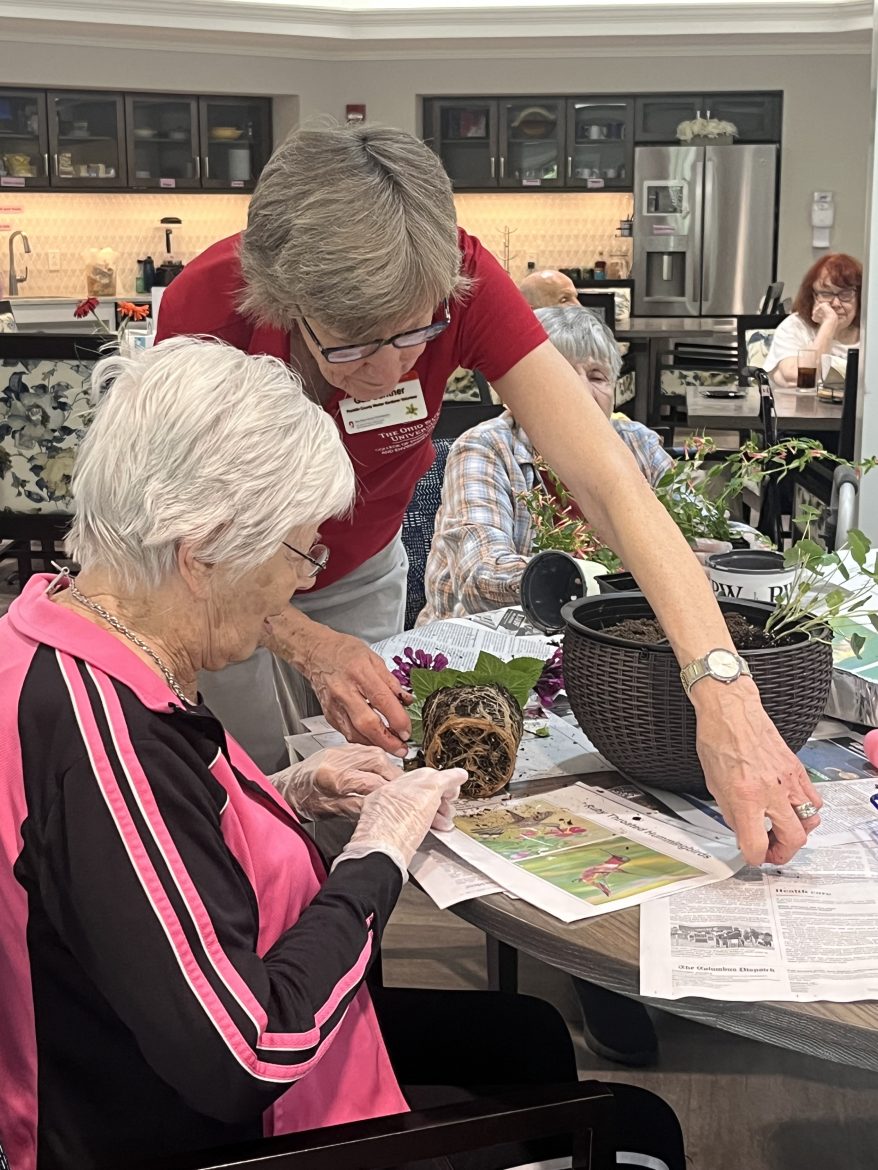 Volunteer assisting senior with handicraft