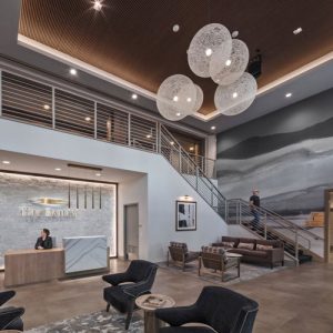 The lobby of The Bailey at Bridge Park 55+ active adult community in Dublin, Ohio.