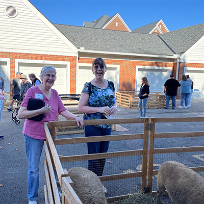 Women looking at sheep at petting zoo