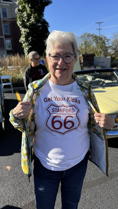 Resident shows off Route 66 shirt during Active Aging Week