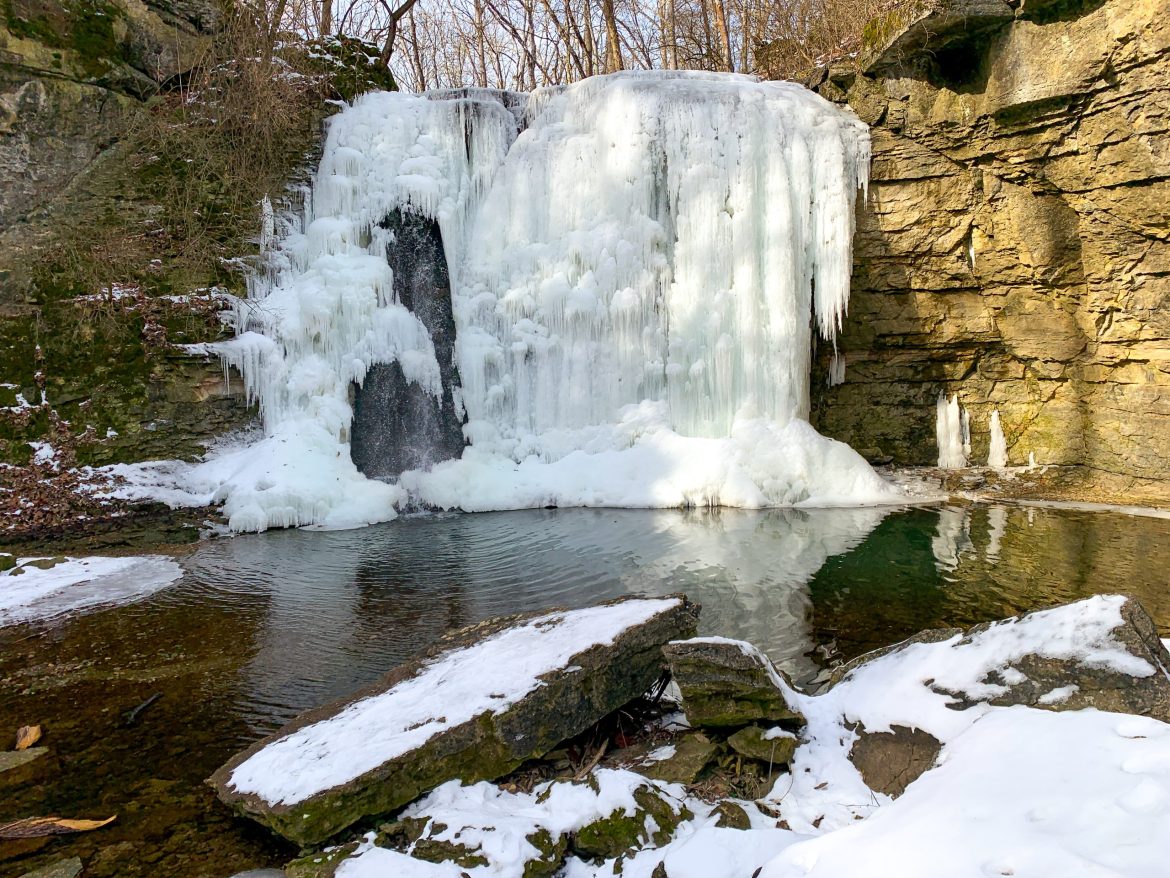 Hayden Falls in Dublin, Ohio, frozen in winter