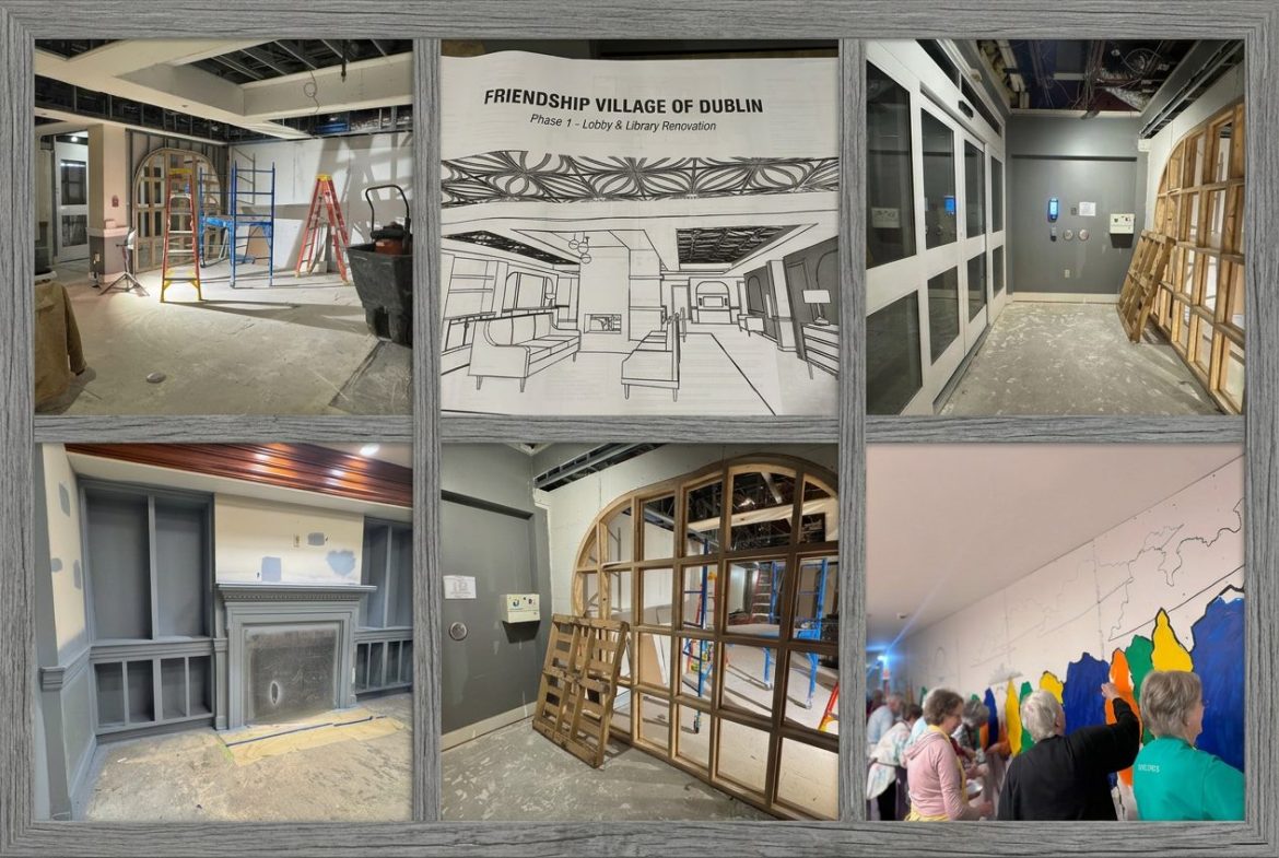 A gallery of images from the lobby, clubhouse, and library renovation at Friendship Village of Dublin.