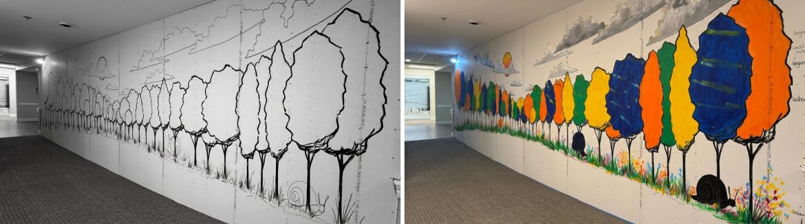 A colorful row of trees painted by Residents at Friendship Village of Dublin.