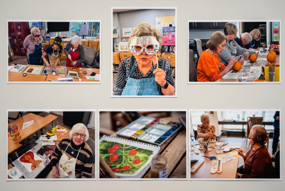 Collage of photos of artists at work at Friendship Village of Dublin.