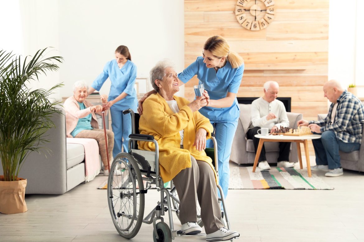 Nursing home Residents socializing and engaged in activities.