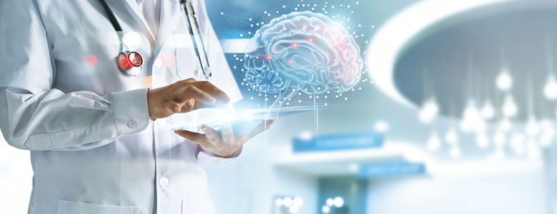 A researcher in a white coat with an image of the brain.
