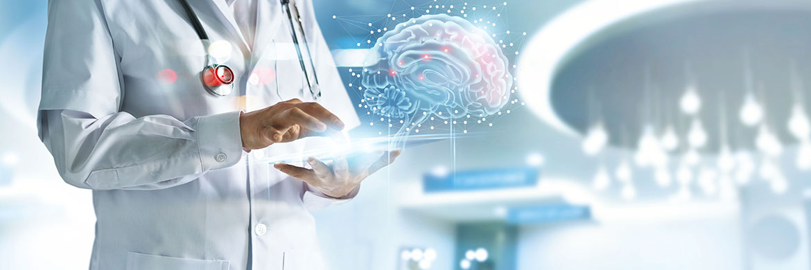 A researcher in a white coat with an image of the brain.