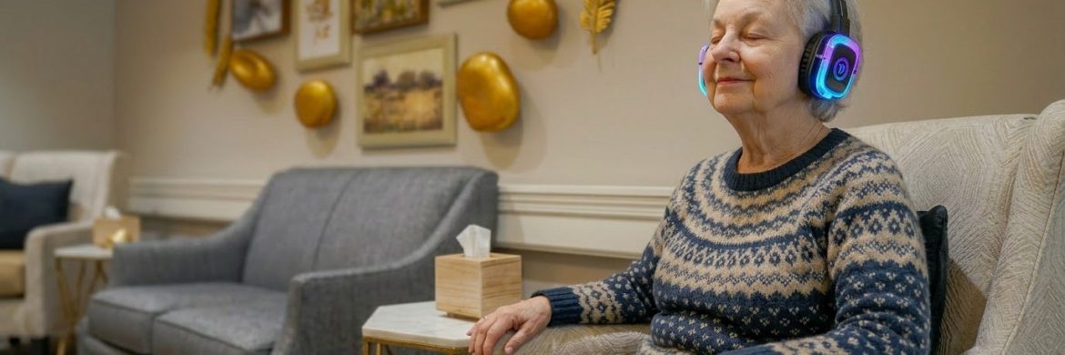 Photo of woman living with dementia wearing silent disco headphones.