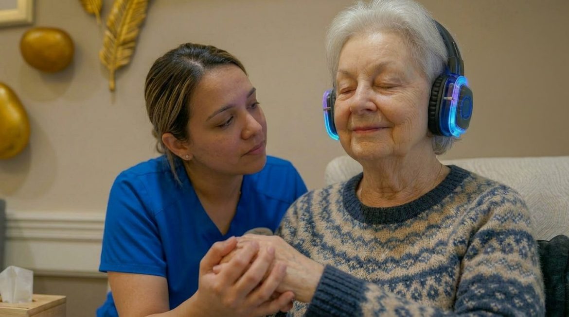 A woman with dementia listens to music using Memory Disco while holding a caregiver's hand.