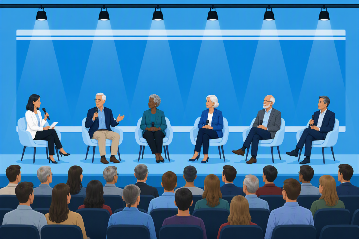 An animated photo of six diverse panelists and a moderator sit on stage in front of a crowd of people.